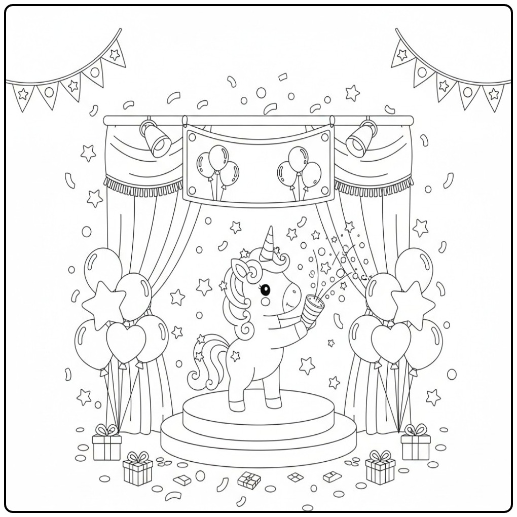 Leuke Kleurplaat eenhoorn met verjaardagsballonnen en confetti.