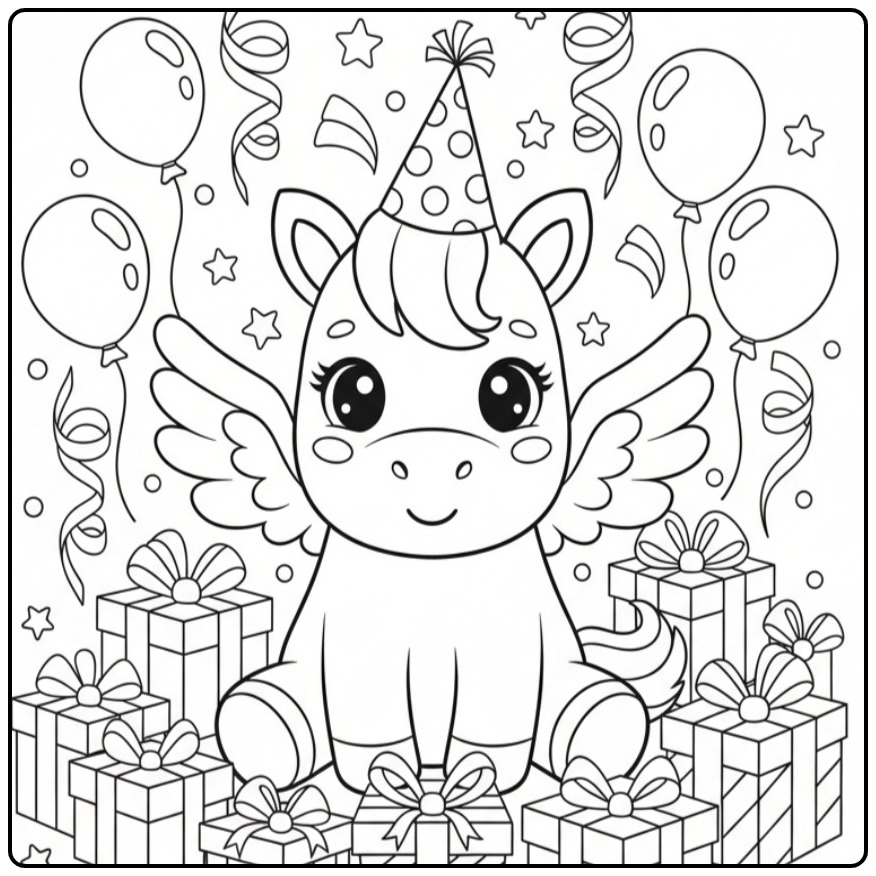 Schattige Verjaardagskleurplaat eenhoorn met vleugels en cadeaus