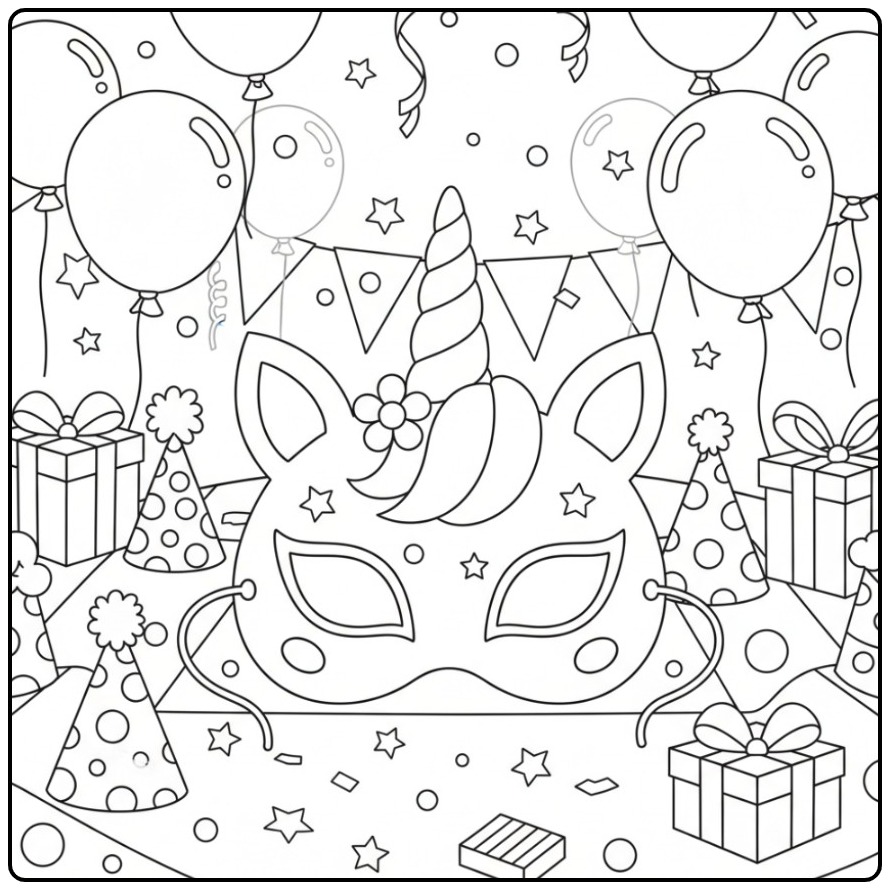 Kleurplaat eenhoorn verjaardags masker te midden van feestelijke ballonnen.