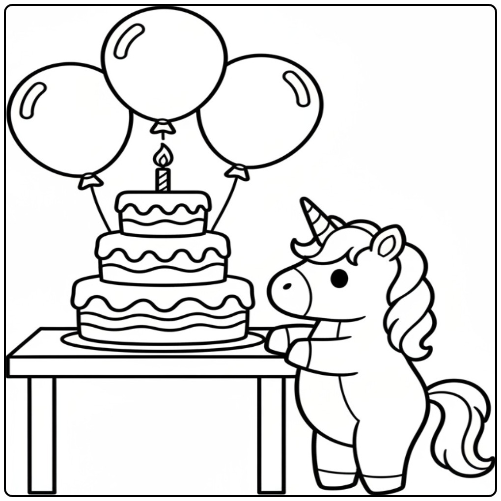 Een schattige baby unicorn kleurplaat met een grote taart.