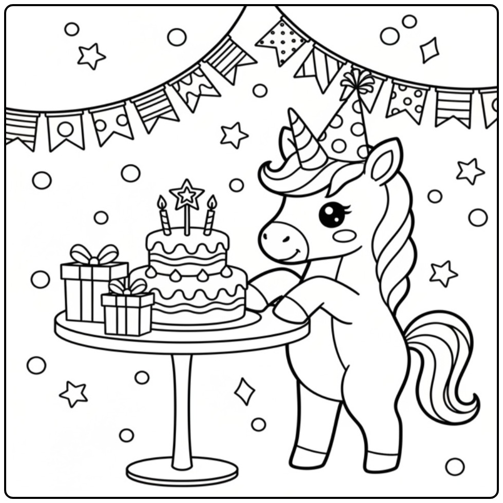 Een schattige baby unicorn kleurplaat met een verjaardagstaart.