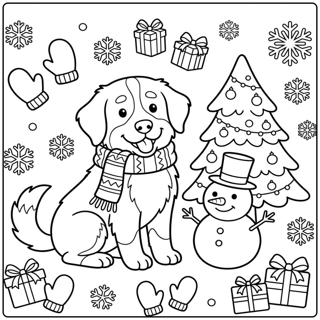 Schattige berner sennen kleurplaat met een sjaal om in de sneeuw.