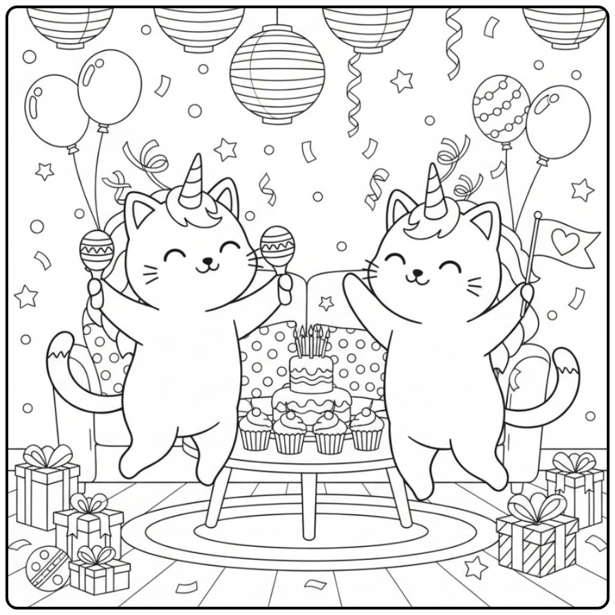 Twee dansende caticorns: een Eenhoorn kat Verjaardags Kleurplaat.
