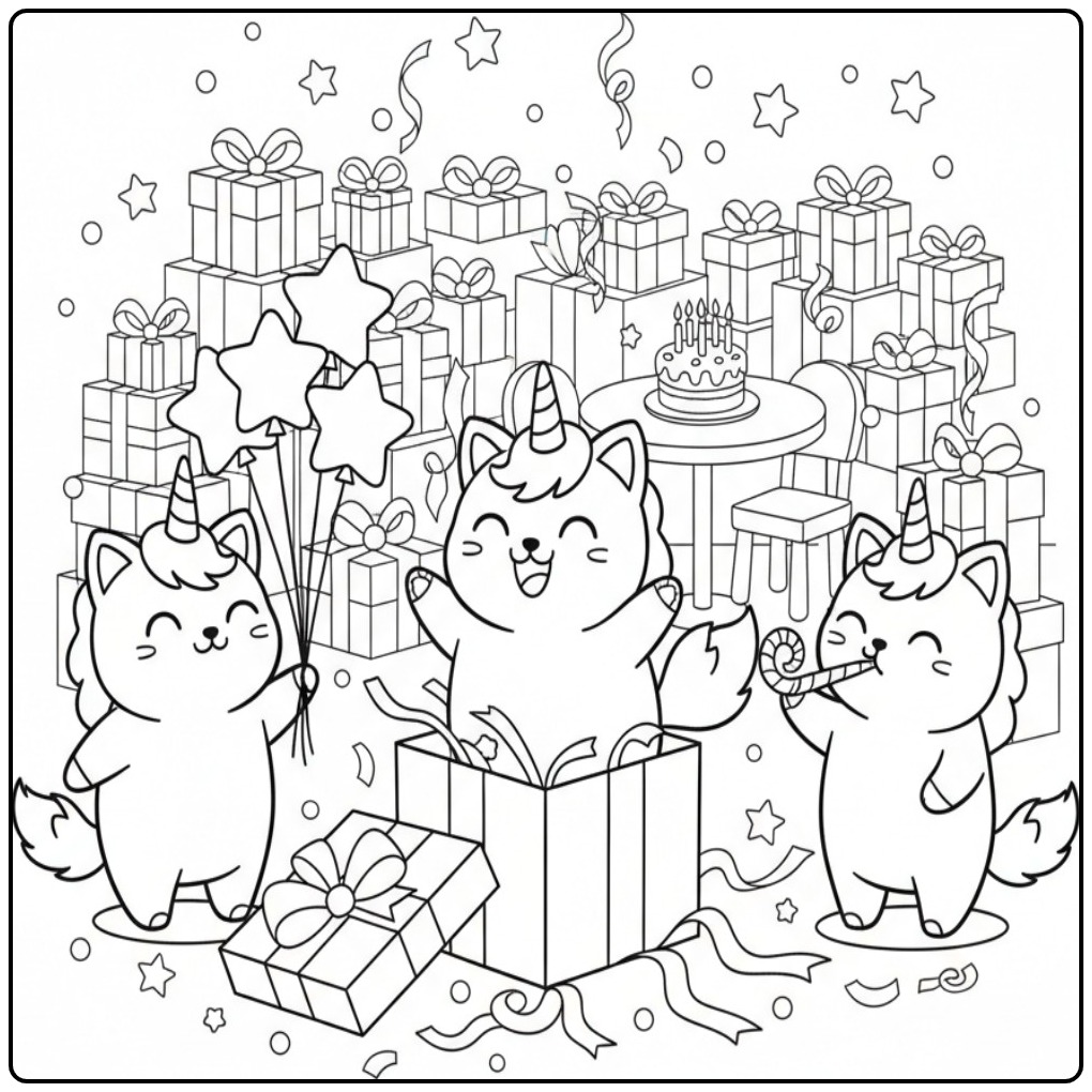 Schattige Eenhoorn kat Verjaardags Kleurplaat met cadeaus.