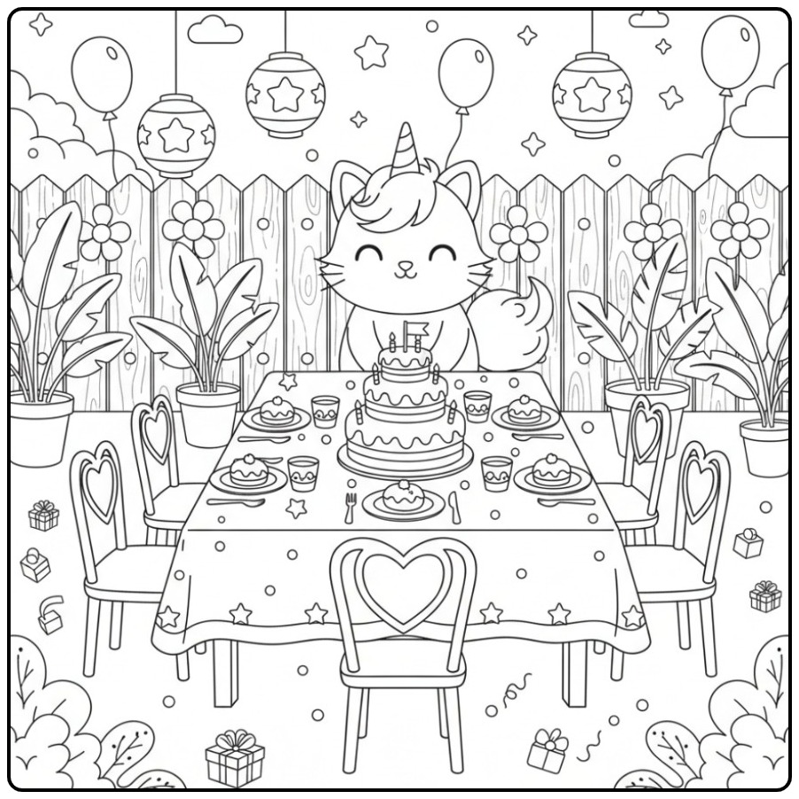 Schattige Eenhoorn kat Verjaardags Kleurplaat met een grote taart.