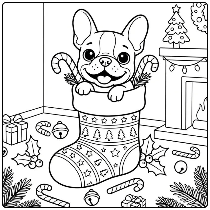 Schattige Franse Bulldog kleurplaat kerst puppy in kous.