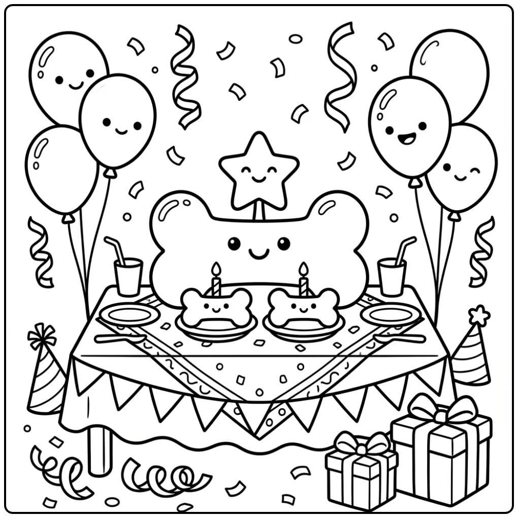 Verjaardagsthema hondenbot kleurplaat met confetti.