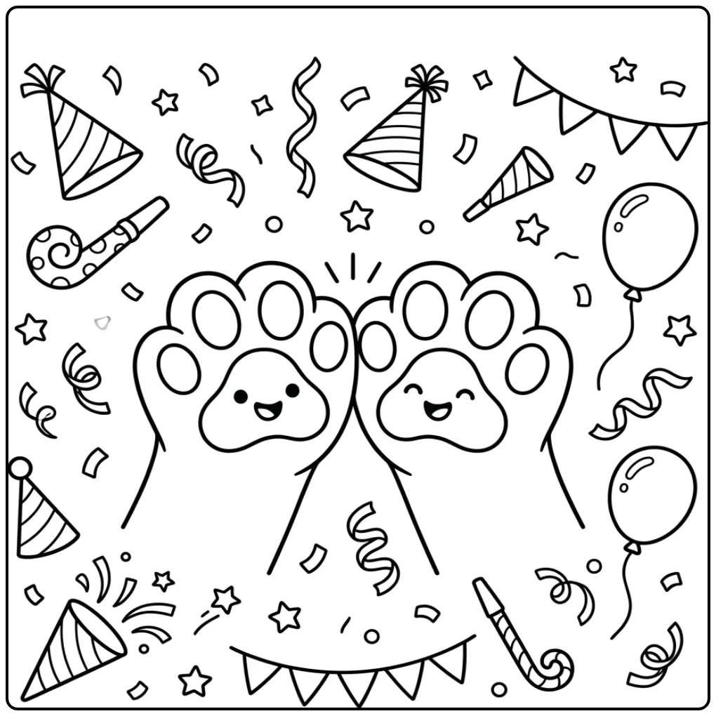 Vrolijke hondenpoot kleurplaat met een high-five en confetti.