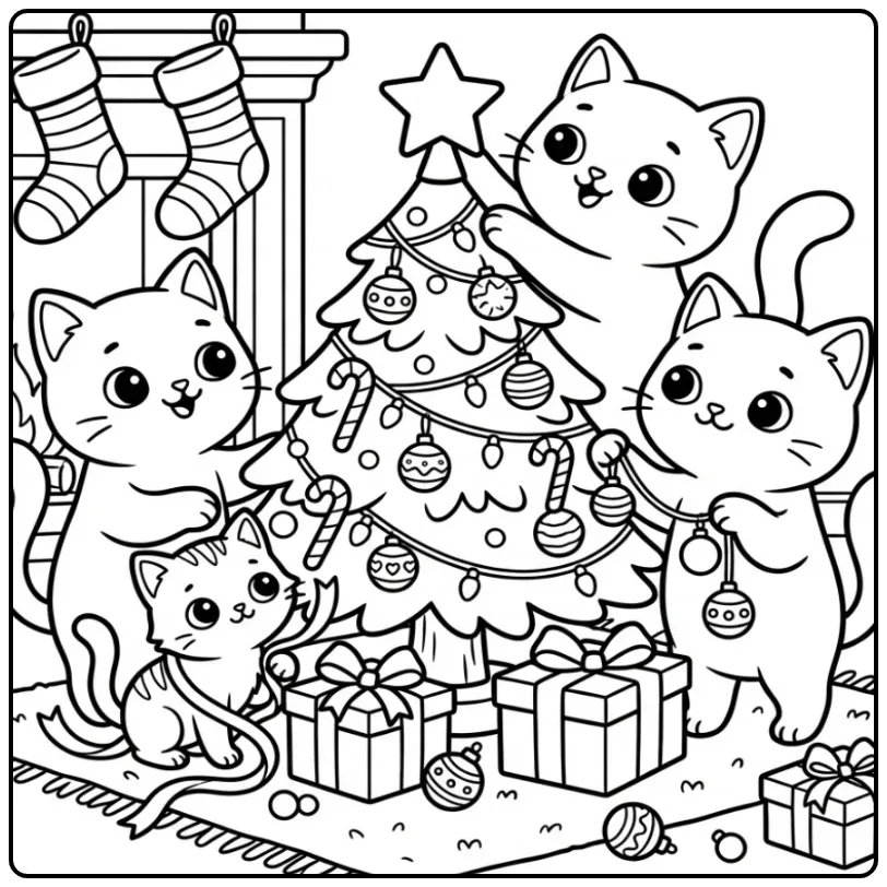 Vrolijke katten kleurplaat met kerstboom en kitten.