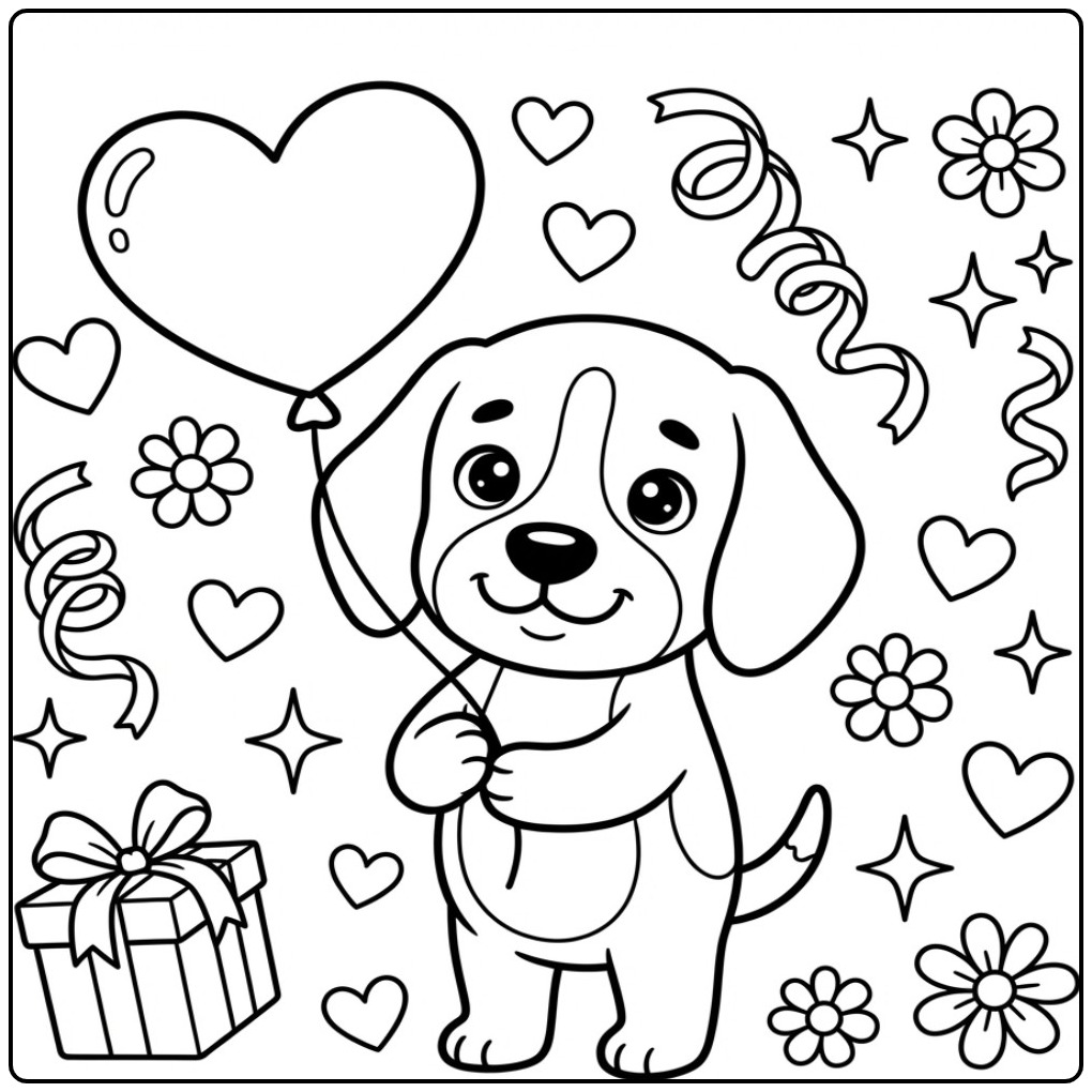 Vrolijke kleurplaat beagle met een hartjesballon en cadeautje.