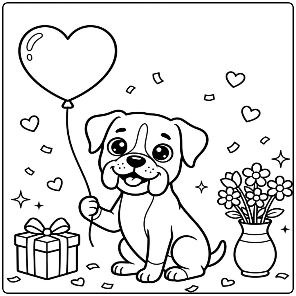 Vrolijke kleurplaat boxer hond met een hartjesballon en cadeau.