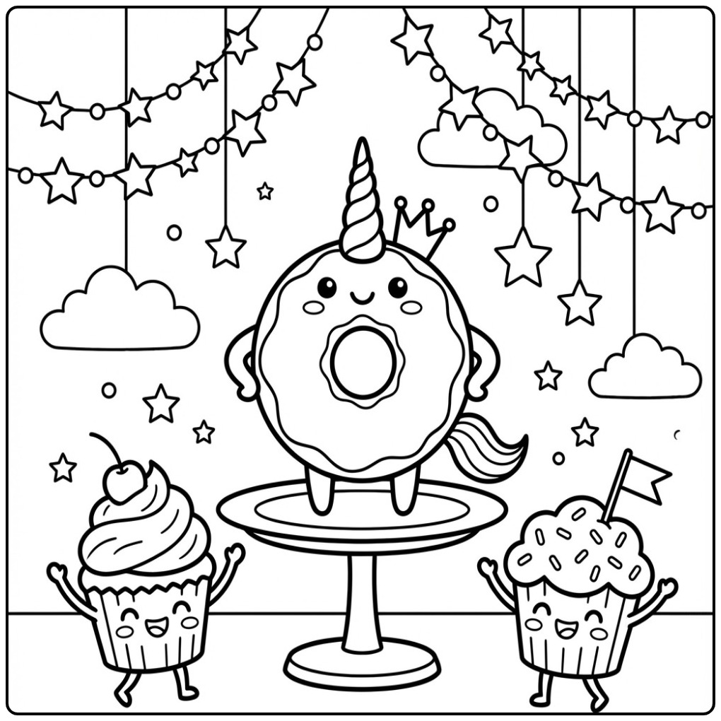 Een vrolijke kleurplaat donut unicorn met twee cupcake vriendjes.
