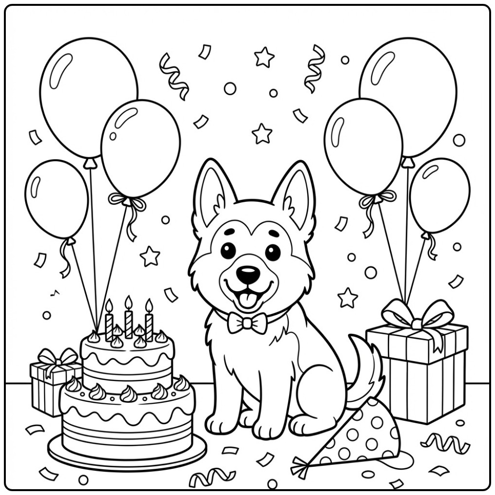 Een leuke kleurplaat duitse herder op een vrolijk verjaardagsfeest.