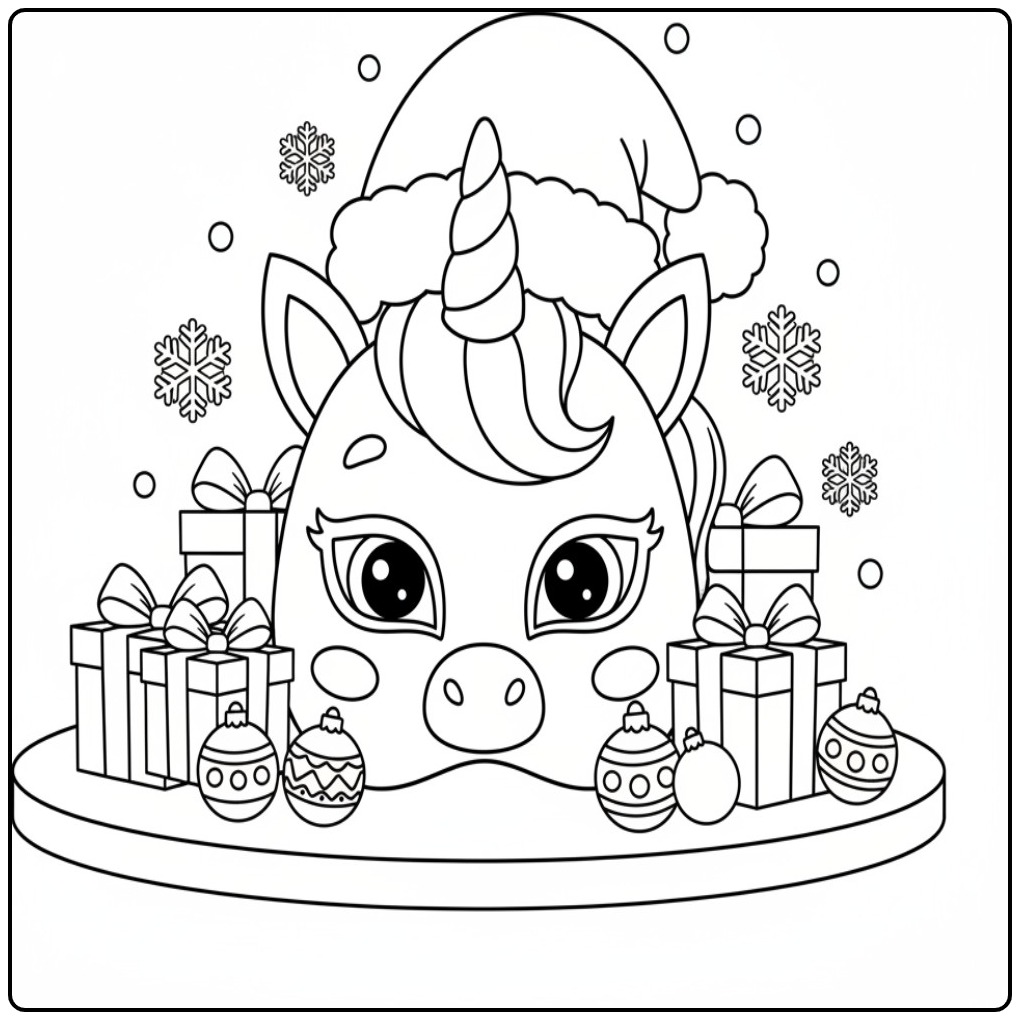 Kleurplaat eenhoorn kerst masker: vrolijke eenhoorn met kerstmuts en cadeautjes.