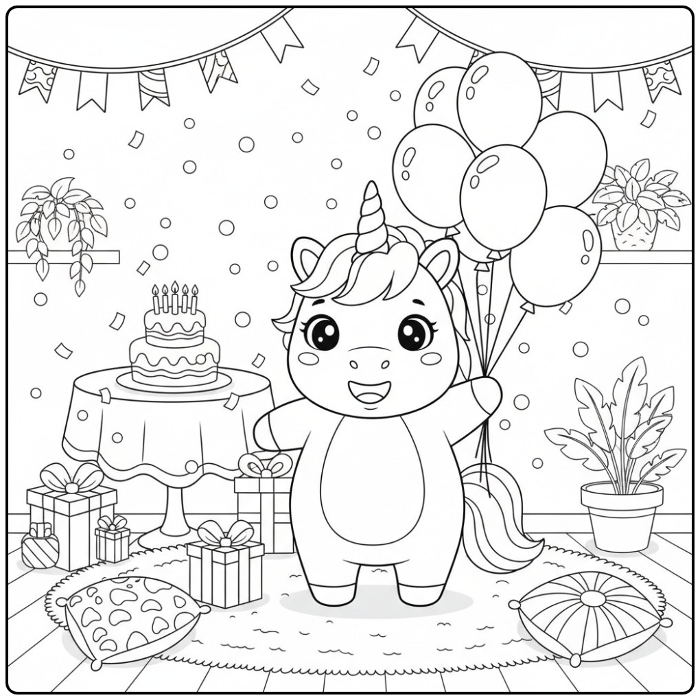 Vrolijke Kleurplaat eenhoorn met verjaardagsballonnen en confetti.