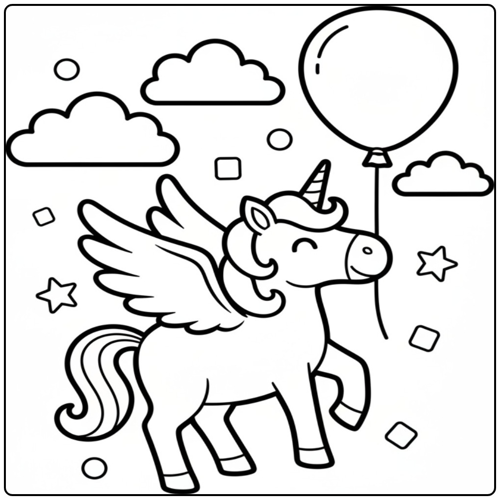 Lachende kleurplaat eenhoorn met vleugels tussen de wolken