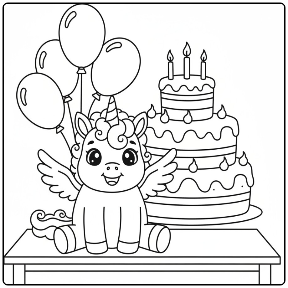 Schattige kleurplaat eenhoorn met vleugels en een verjaardag.