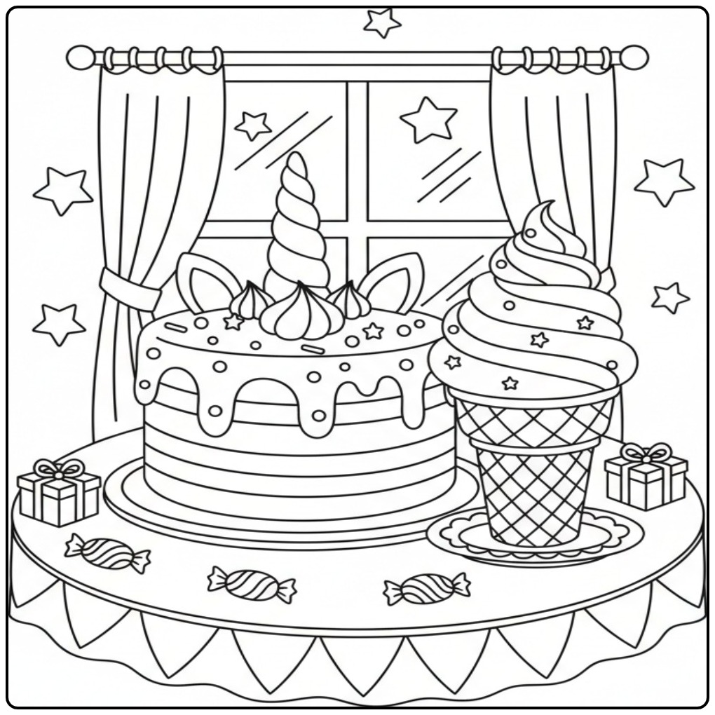 Kleurplaat eenhoorn-verjaardag met ijsjes en taart op een feesttafel.