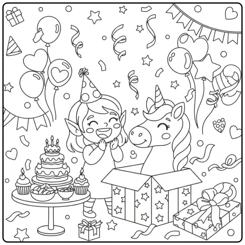 Vrolijke Kleurplaat elfje en eenhoorn verjaardag verrassing.