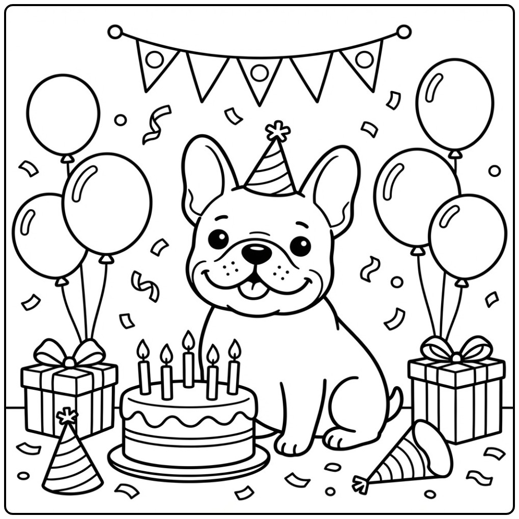 Een schattige kleurplaat franse bulldog op een verjaardagsfeest.