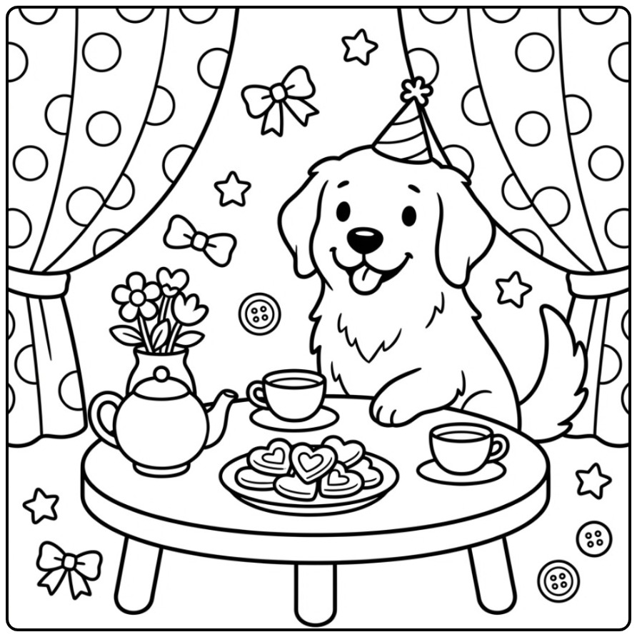 Een vrolijke kleurplaat golden retriever met een feesthoedje.