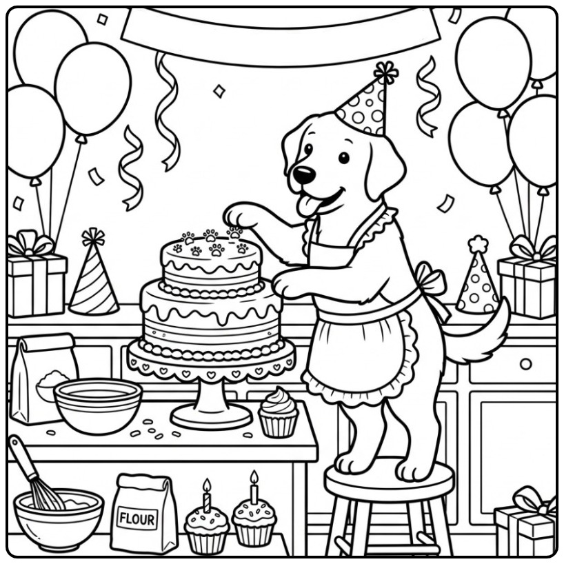 Labrador kleurplaat hond verjaardag die een taart versiert.