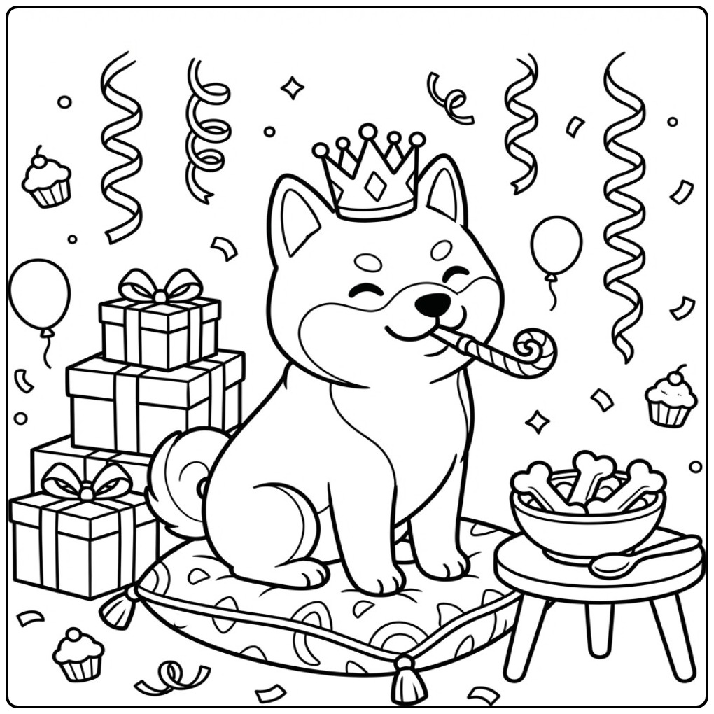 Een schattige Shiba Inu kleurplaat hond verjaardag met kroon.