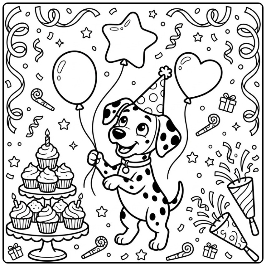 Een vrolijke kleurplaat hond verjaardag met een jonglerende dalmatiër.