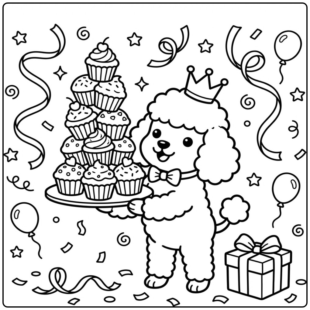 Leuke kleurplaat hond verjaardag met een poedel en cupcakes.