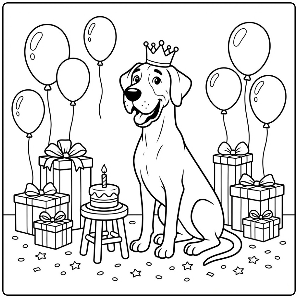 Vrolijke kleurplaat hond verjaardag met een grote Deense dog.