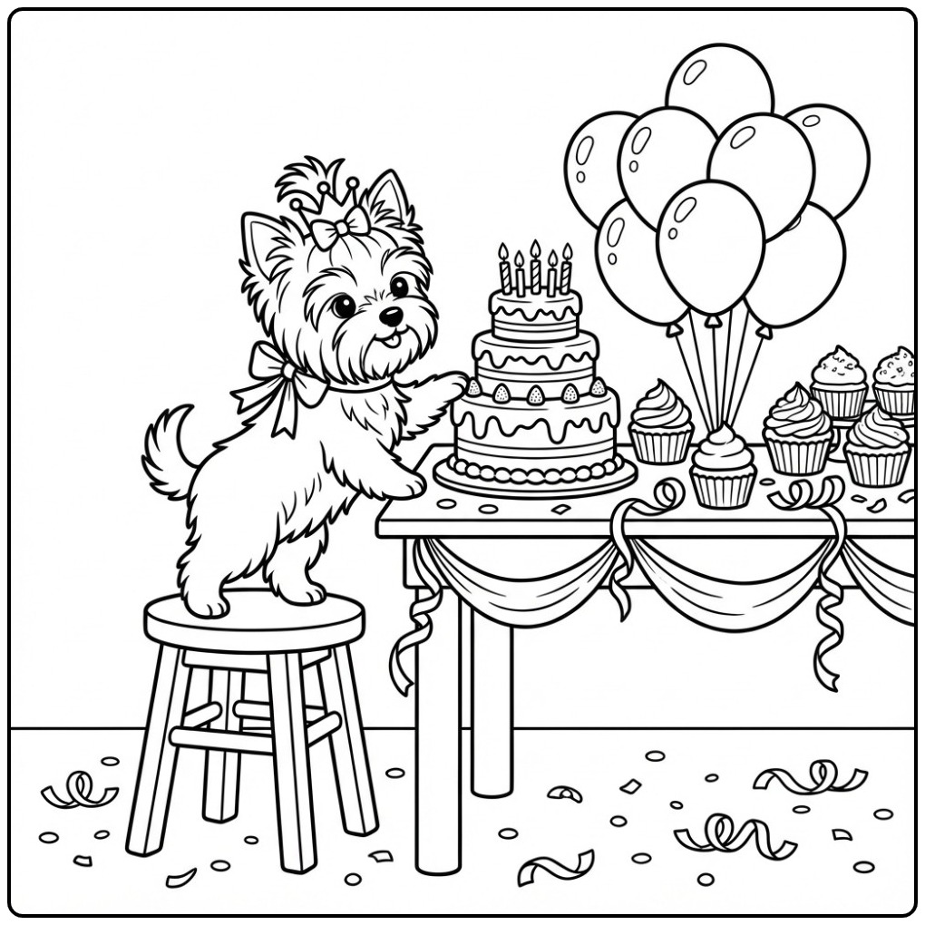 Een schattige kleurplaat hond verjaardag van een Yorkie.