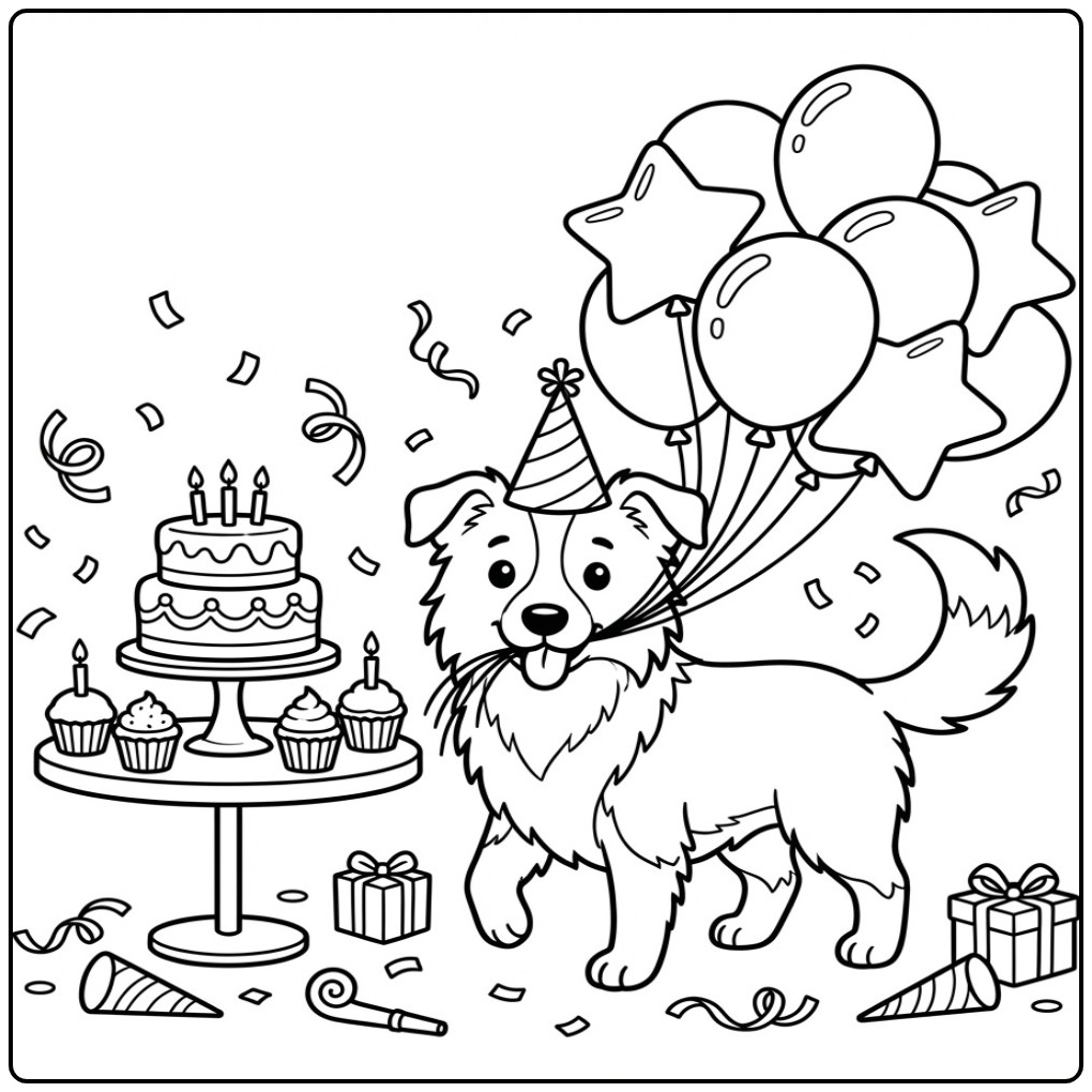 Vrolijke kleurplaat hond verjaardag met een Border Collie.