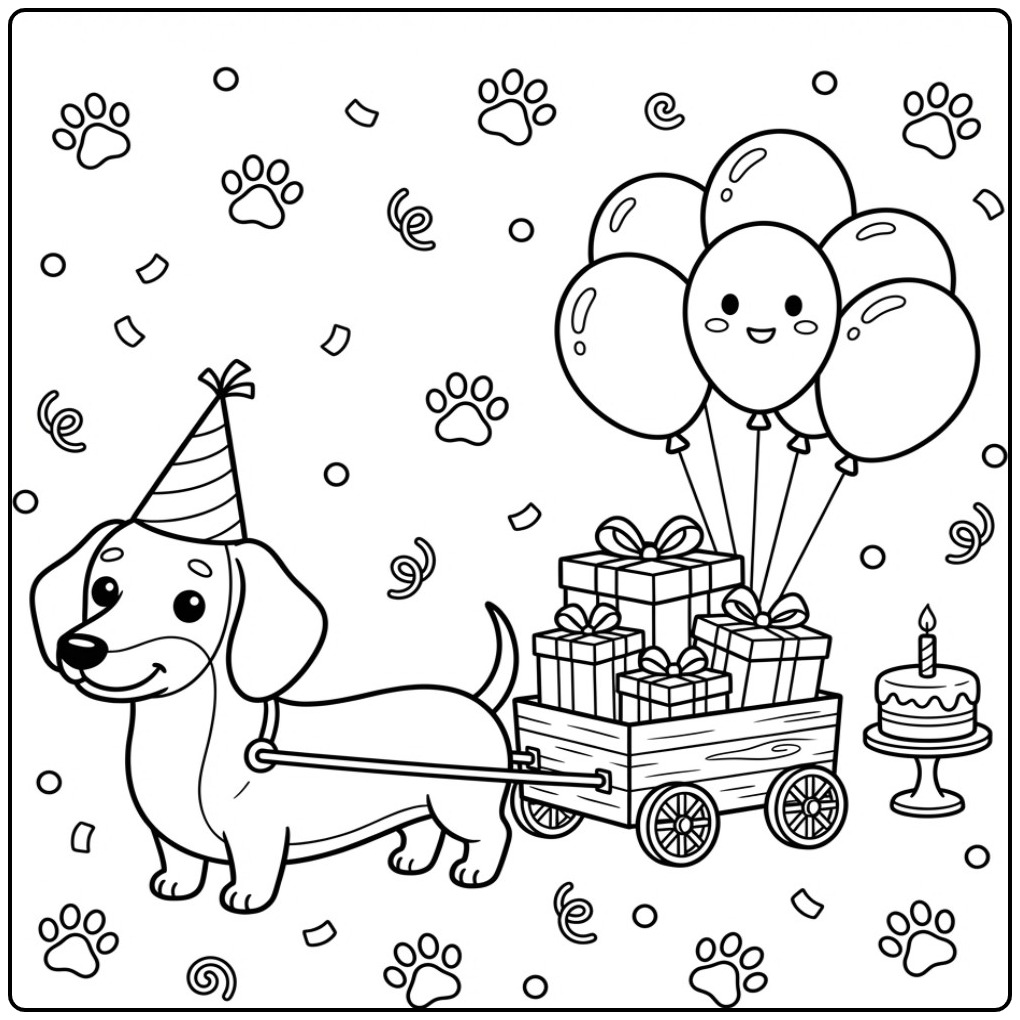 Vrolijke teckel kleurplaat hond verjaardag met een feestmuts.