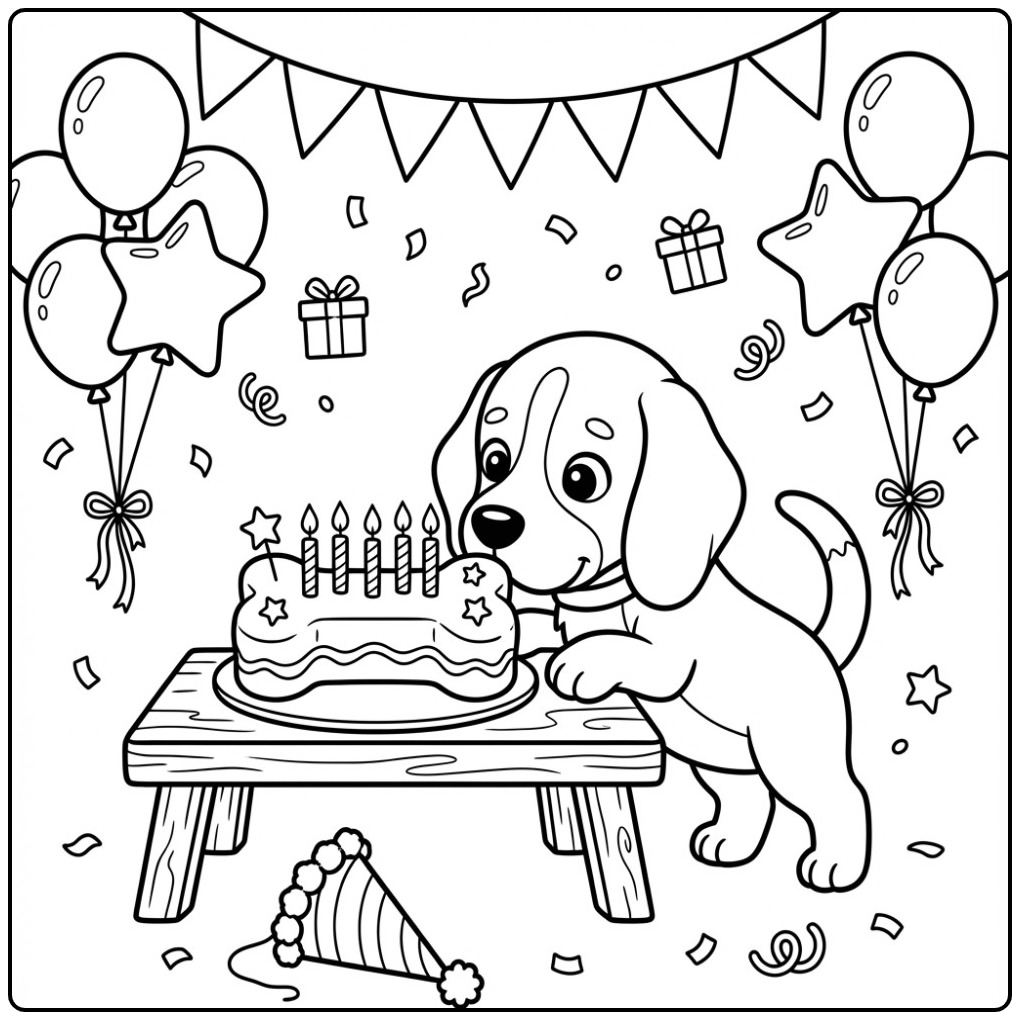 Leuke kleurplaat hond verjaardag met een beagle en een grote taart.