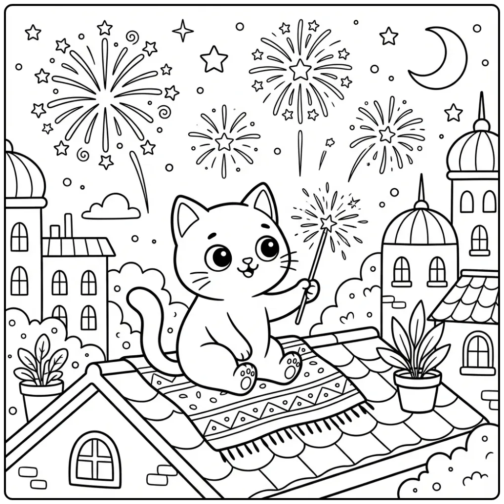 Schattige kleurplaat kat makkelijk met sterretje en vuurwerk.