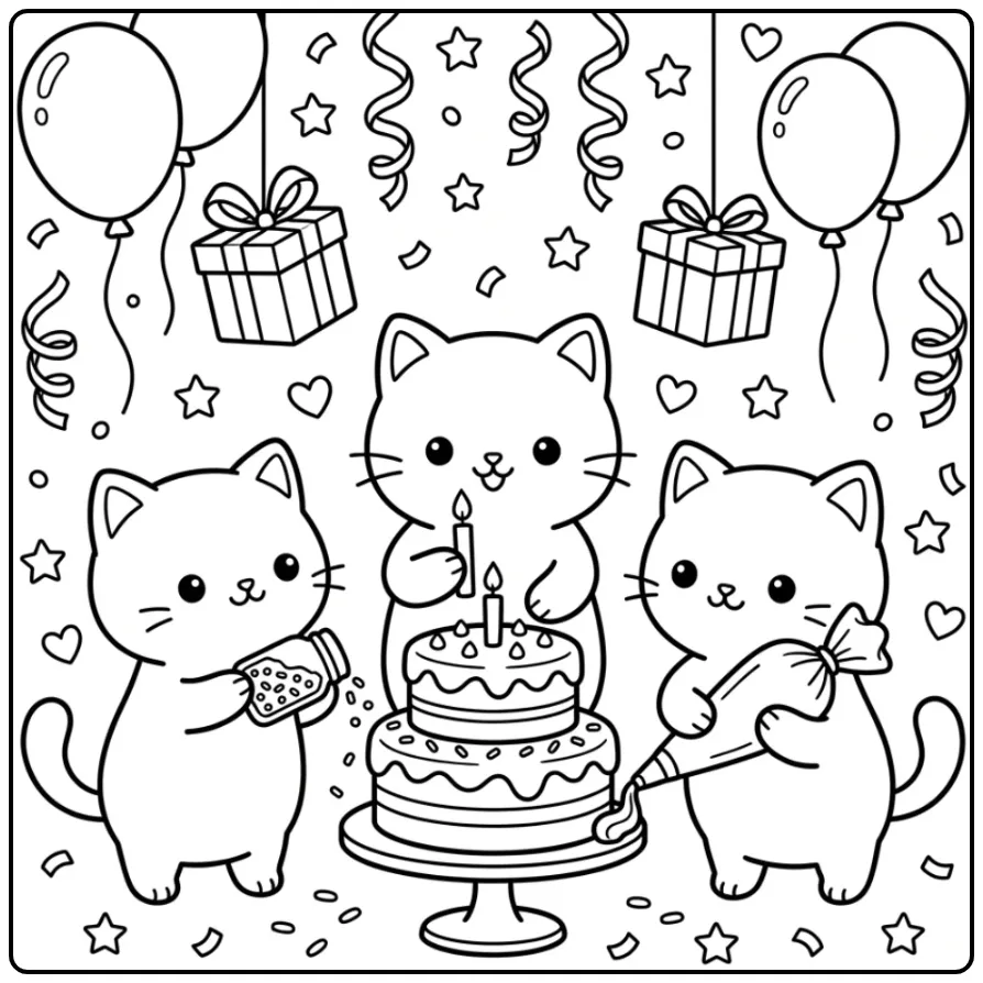 Kleurplaat kawaii kat met drie kittens en een verjaardagstaart.