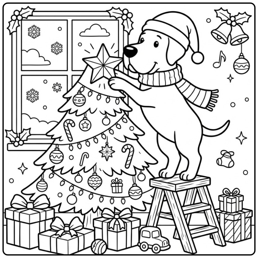 Grote Deen op een krukje, een leuke kleurplaat kerst hond.