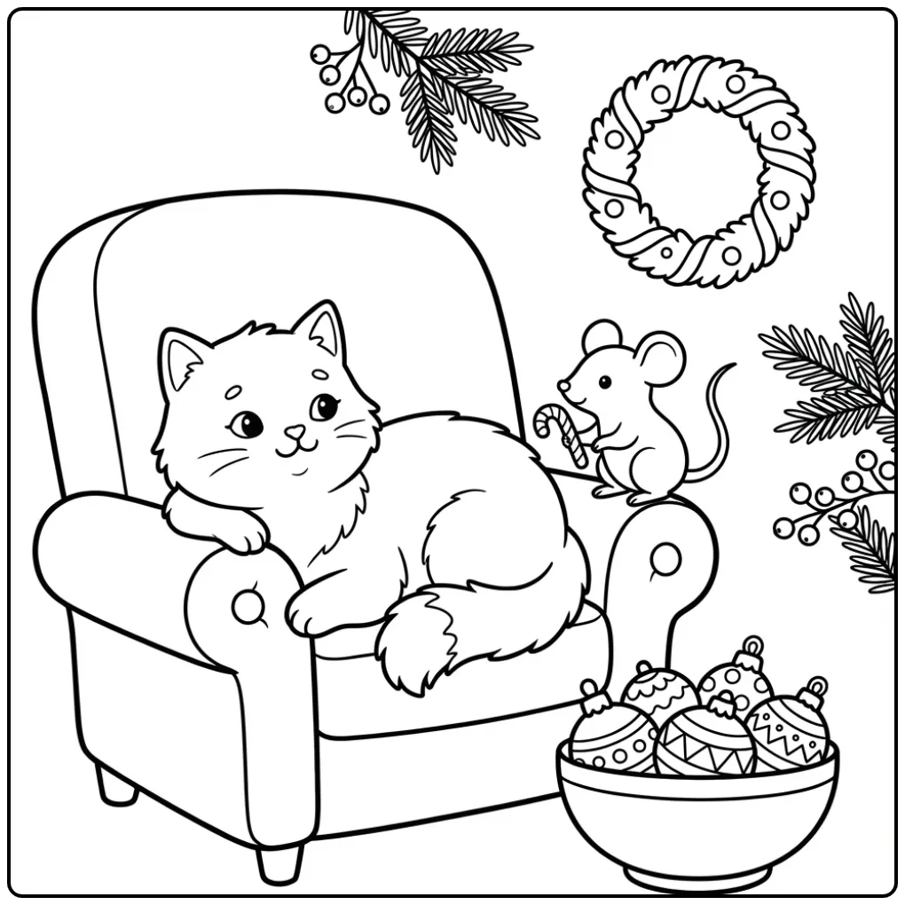 Een leuke kleurplaat kerst kat met muis en snoepstok op stoel.