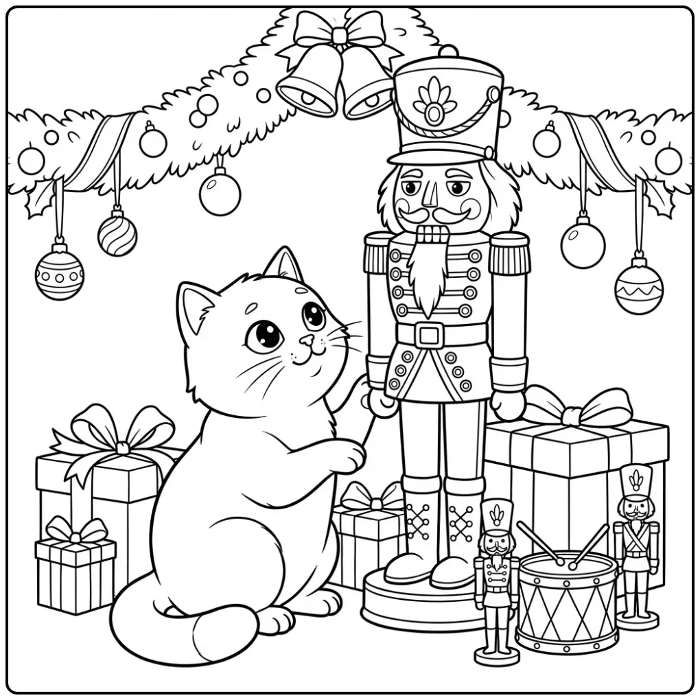 Een nieuwsgierige kleurplaat kerst kat bij een notenkraker.