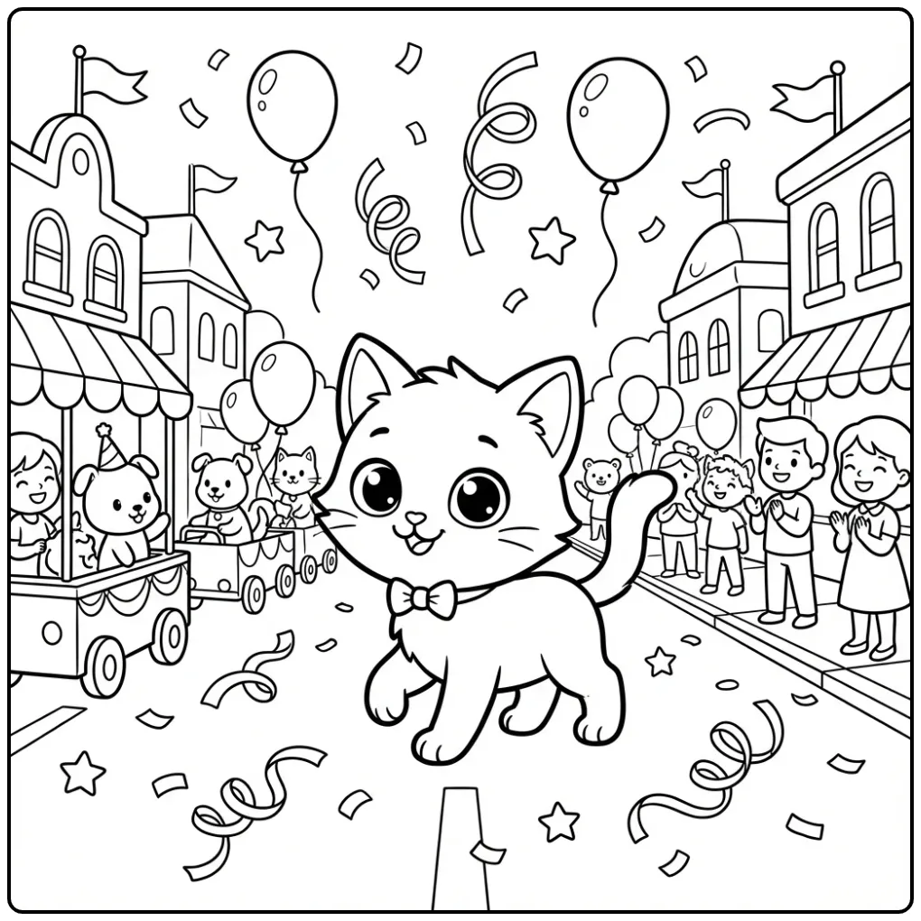 Een vrolijke kleurplaat kitten in een feestelijke optocht.