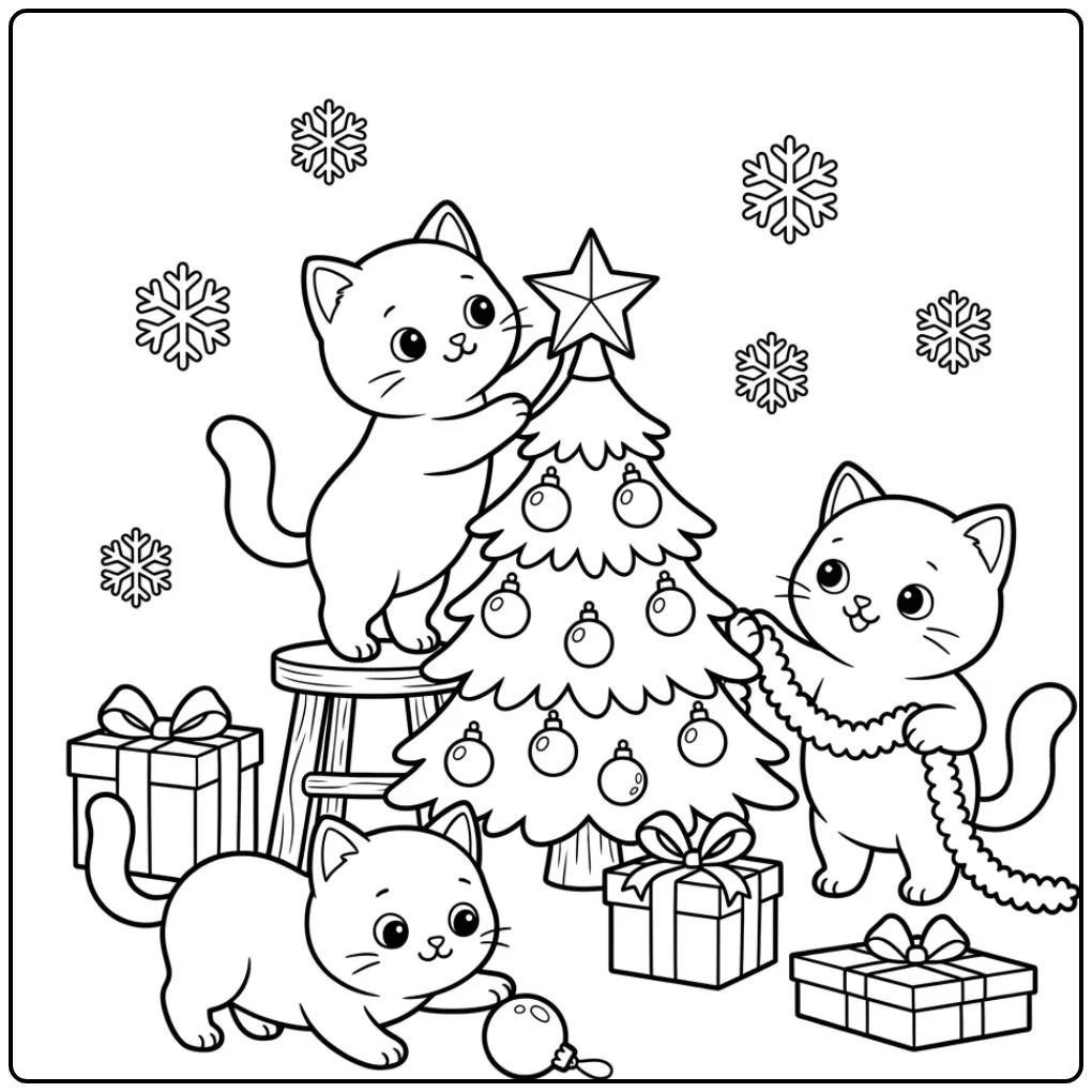 Drie schattige kleurplaat kittens bij een kerstboom met ster
