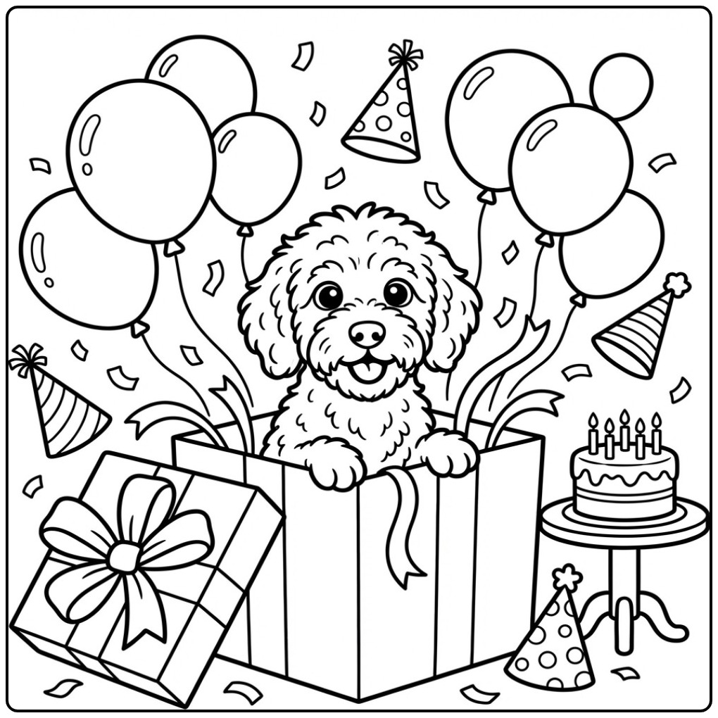 Een vrolijke kleurplaat labradoodle als verjaardagscadeau.