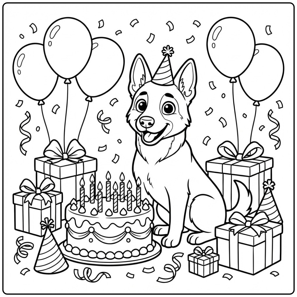 Vrolijke kleurplaat mechelse herder bij een grote verjaardagstaart.