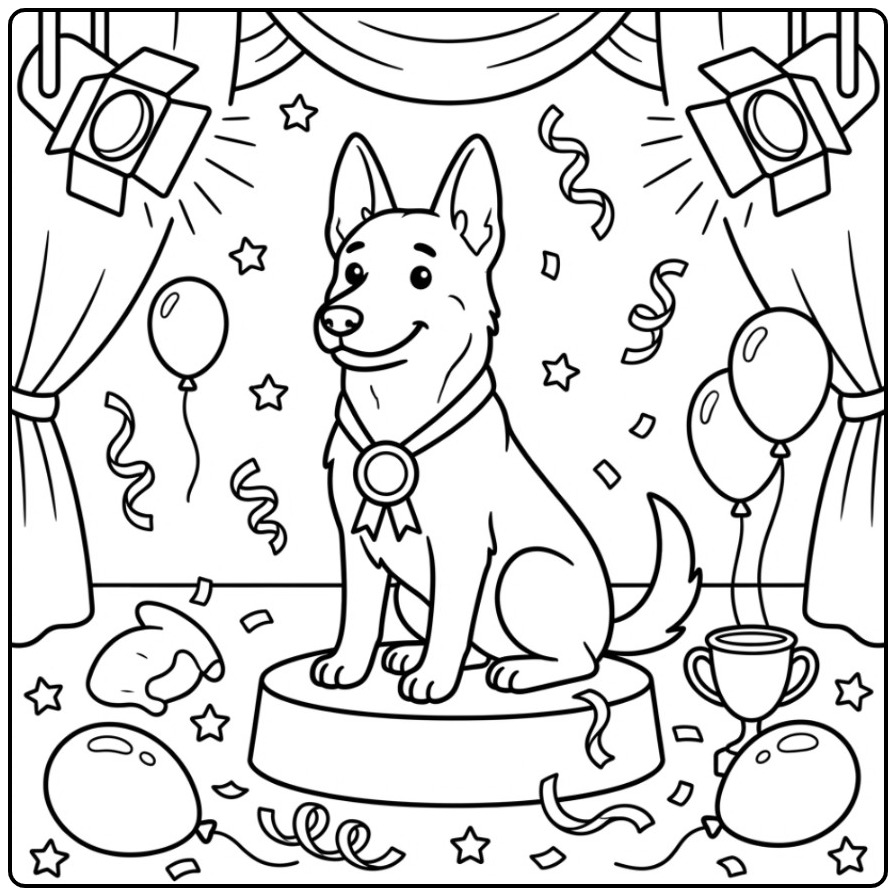 Trotse winnaar kleurplaat mechelse herder met medaille.