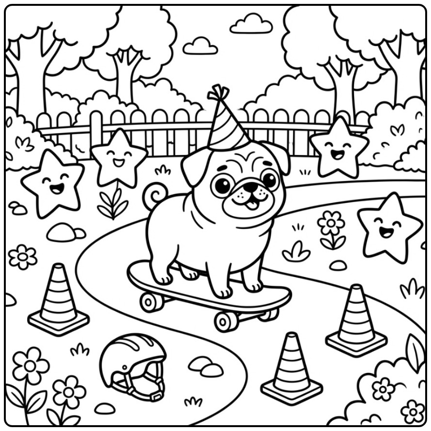 Leuke kleurplaat mopshond op een skateboard in een park.