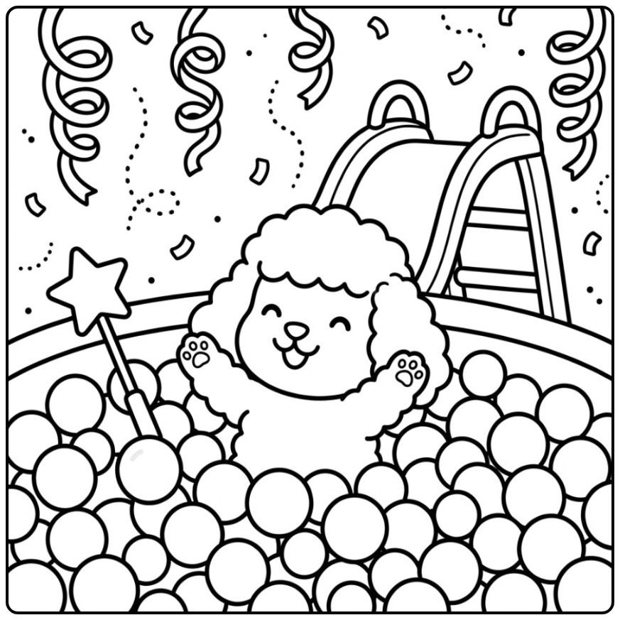 Een leuke kleurplaat poedel die vrolijk in een ballenbak zit.