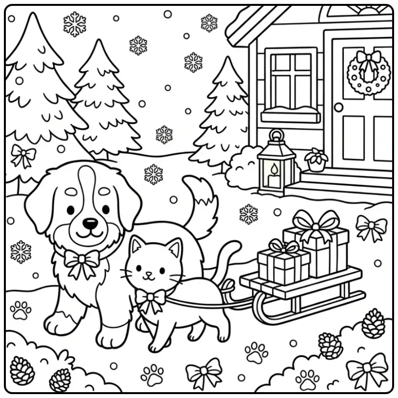 Kleurplaat puppy en kitten trekken een slee met cadeautjes.