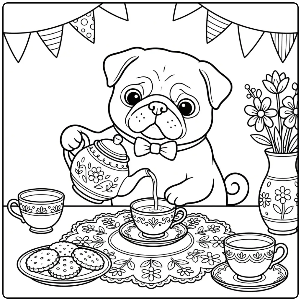 Een kleurplaat puppy moeilijk van een pug die thee schenkt.