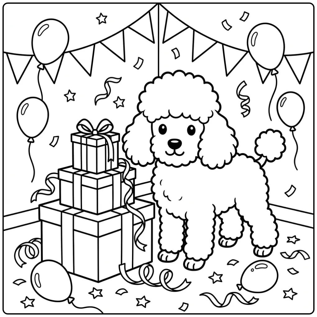 Kleurplaat schattige puppy: poedel met feestelijke cadeaus