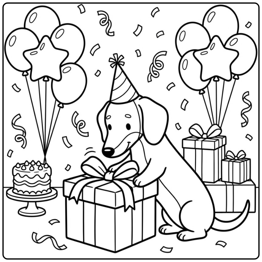 Een vrolijke kleurplaat teckel op een verjaardagsfeestje.